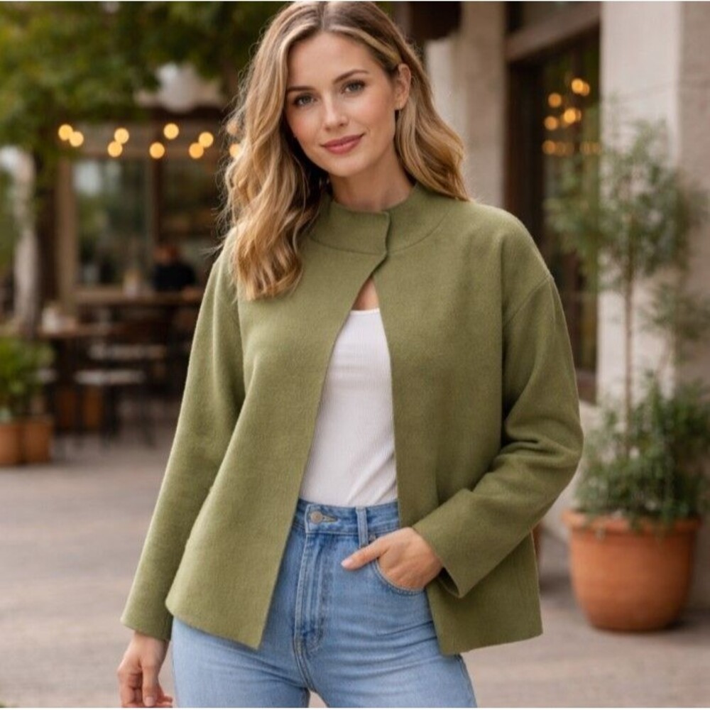Eileen Fisher 100% Wool Open Front Cardigan Jacket Olive Green Womens L